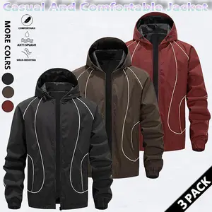 Men's solid color waterproof and windproof drawstring zipper hooded jacket, trendy striped print casual long-sleeved jacket with zipper pockets, suitable for outdoor activities, all year round.