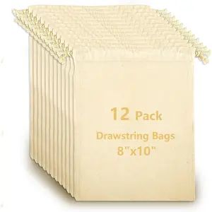 12 Pack 8x10 Inch Reusable Eco-Friendly Cotton Muslin Drawstring Bags, Lightweight Cloth Bags for DIY Tie-Dye Projects, Gift Wrapping, Produce Storage and Christmas Use