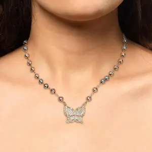 14K Gold Plated Butterfly Pendant Necklace for Women, Tri-Color Bead Rhinestone Necklace for Daily Party, Trendy Jewelry Gift