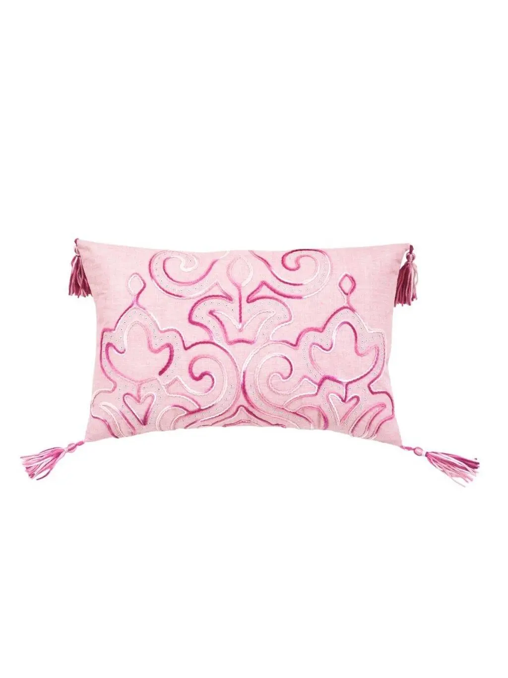 212 MAIN Rectangular Pink Embroidered Damask Scroll Home Decorative Throw Pillow - Soft Cushion with Tassel Accents, 13x4x20 in, for Indoor Use, Home Decorative Cushion