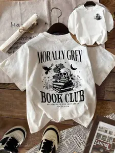 New Round Neck Loose Casual Fashion Reading Club T-Shirt, Skull Pattern Letter Print, Unisex Fit for Book Lovers, Men & Women