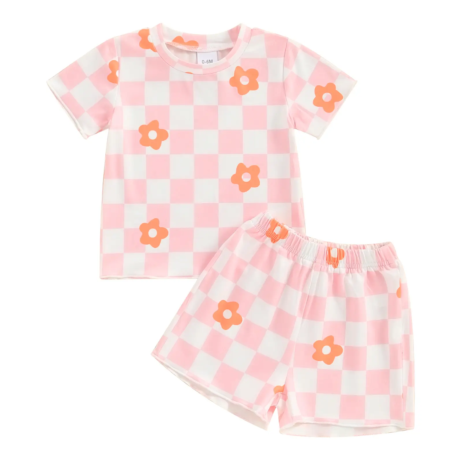 Canrulo Toddler Baby Girl Outfit Newborn Girl Summer Clothes Short Sleeve T Shirt Checkerboard Top Set Elastic Waist Shorts