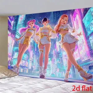 Cyberpunk Kpop Girl Group Background Cloth, Neon City Hanging Tapestry, Anime Party Backdrop, Manga Exhibition, Girls Theme Photo Wall