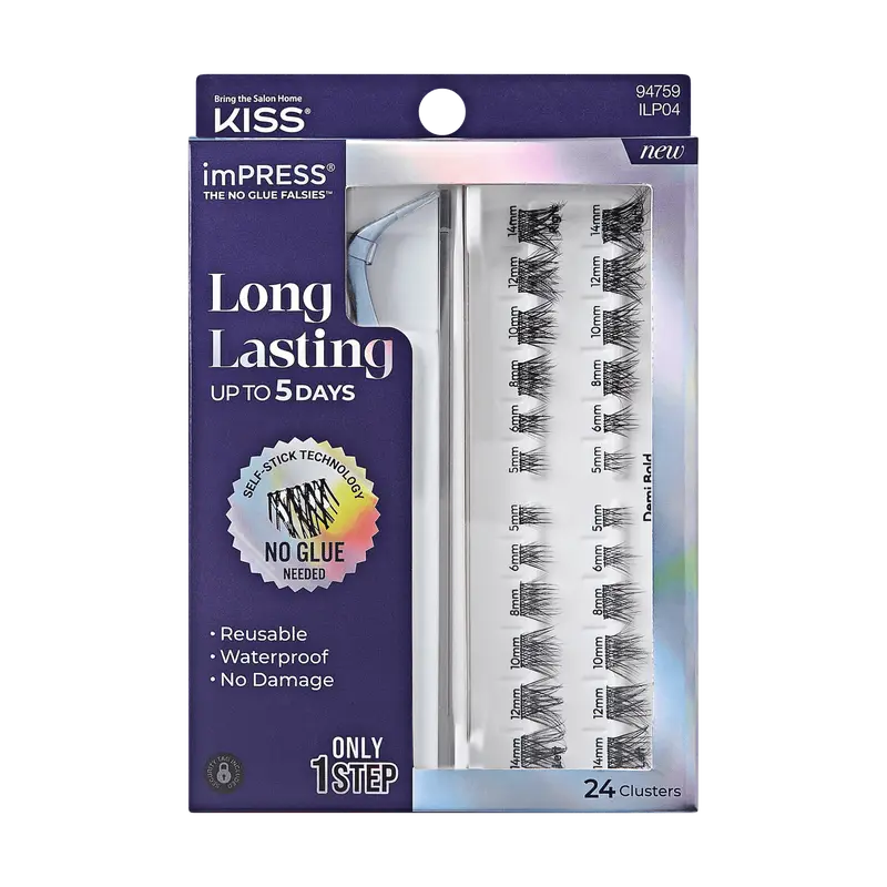Impress Falsies Long Lasting Pre-Glued False Eyelashes Starter Kit - Demi Bold | 24 Lash Clusters, With Applicator, Up To 5 Day Wear, 5mm-14mm