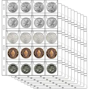 20-Pocket Coin Pocket Sleeves, 9-Holes Stamp Sleeves for Folder Binder, 10 Sheets Golden Silver Dollar Coin Storage Book Refills to Insert Coin Collection Holders for Collectors