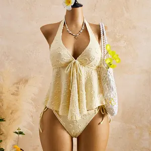 Women's 2-Piece Retro Yellow Polka Dot Color Block Bikini Set, 2000s Cute Clothes for Beach & Vacation, Trendy Women's Clothing Bikinis Set