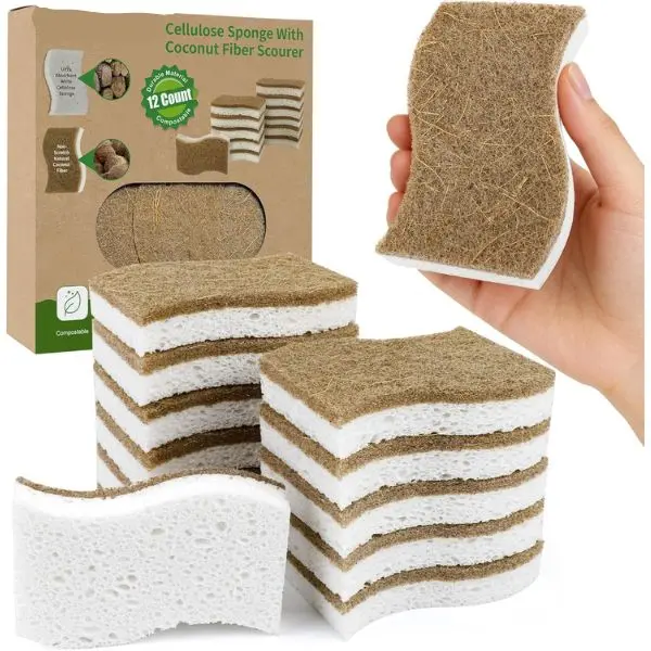 Eco-Friendly Kitchen Sponges 12 Pack Biodegradable & Compostable Cellulose Scrub Sponges with Coconut Fiber, Non-Scratch Dish Sponges for Dishes, Pots & Pans, Natural Cleaning Sponges