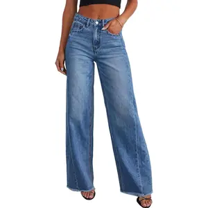 Sidefeel Women's Wide Leg Jeans High Waisted Stretchy Raw Hem Zimbaplatinum Denim Pants