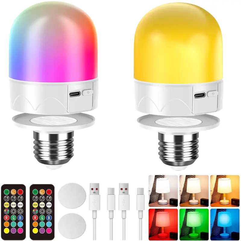 E26 5W Rechargeable LED Emergency Light Bulbs - Remote, Timer, Battery Backup, 3 Color Temperatures, RGB Dimmable Night Light, Magnetic, Additional Base, 3m Range, 700 Lumens, Instant On, for Sconces, Lamps, Hiking