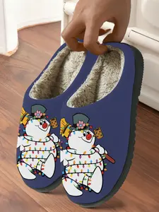 Funny Snowman Pattern Indoor Cotton Slippers for Adults, Comfortable Soft Warm Non-Slip Rubber Sole, Fall & Winter Medium Width Shoes