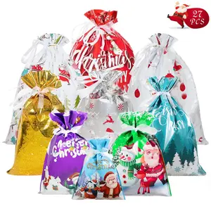 Christmas Drawstring Gift Bags Set, Various Sizes Aluminum Foil Santa Sacks, Perfect for Family Friends Kids Holidays Birthdays Parties Gifts