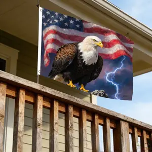 A National Flag Measuring Featuring a Majestic Bald Eagle Alongside The American Flag Set Against a Stormy Sky in a Realistic Design. Ideal for Celebration Banners, Outdoor Decor, And Wall Displays