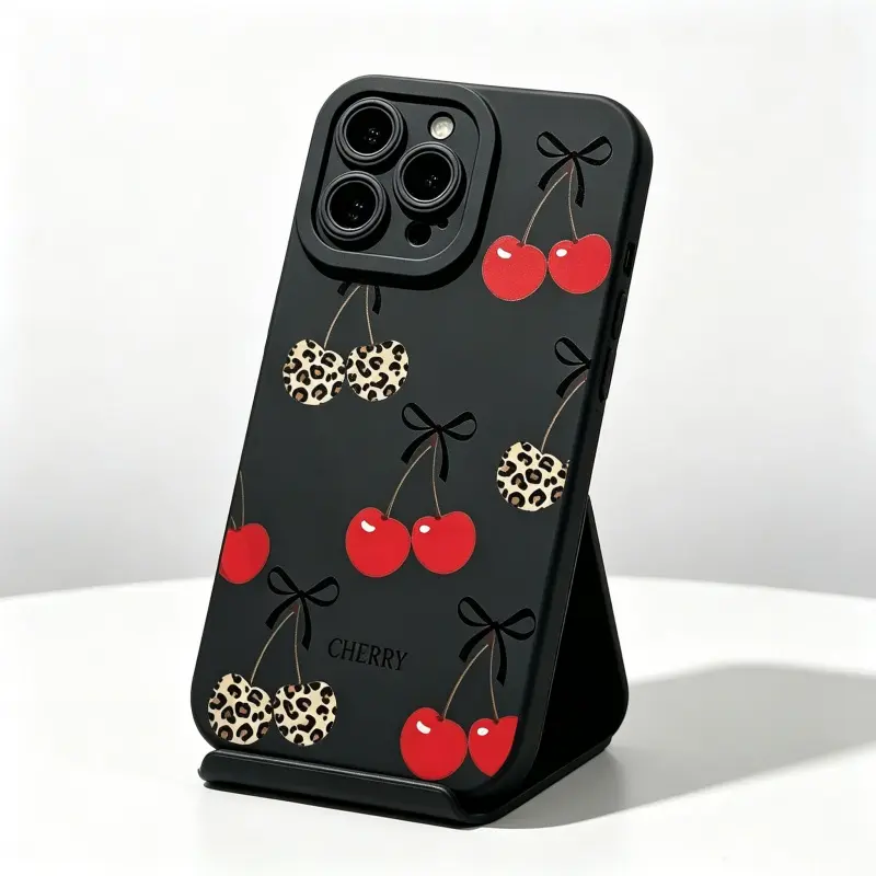 Y2K Cherry Leopard Bow Phone Case - Red Cherry Print Matte TPU Cover, Anti-Drop, Shockproof, Slim Fit Protection for iPhone 11-18 Pro Max, 17E, Samsung S21-S26, A14-A54