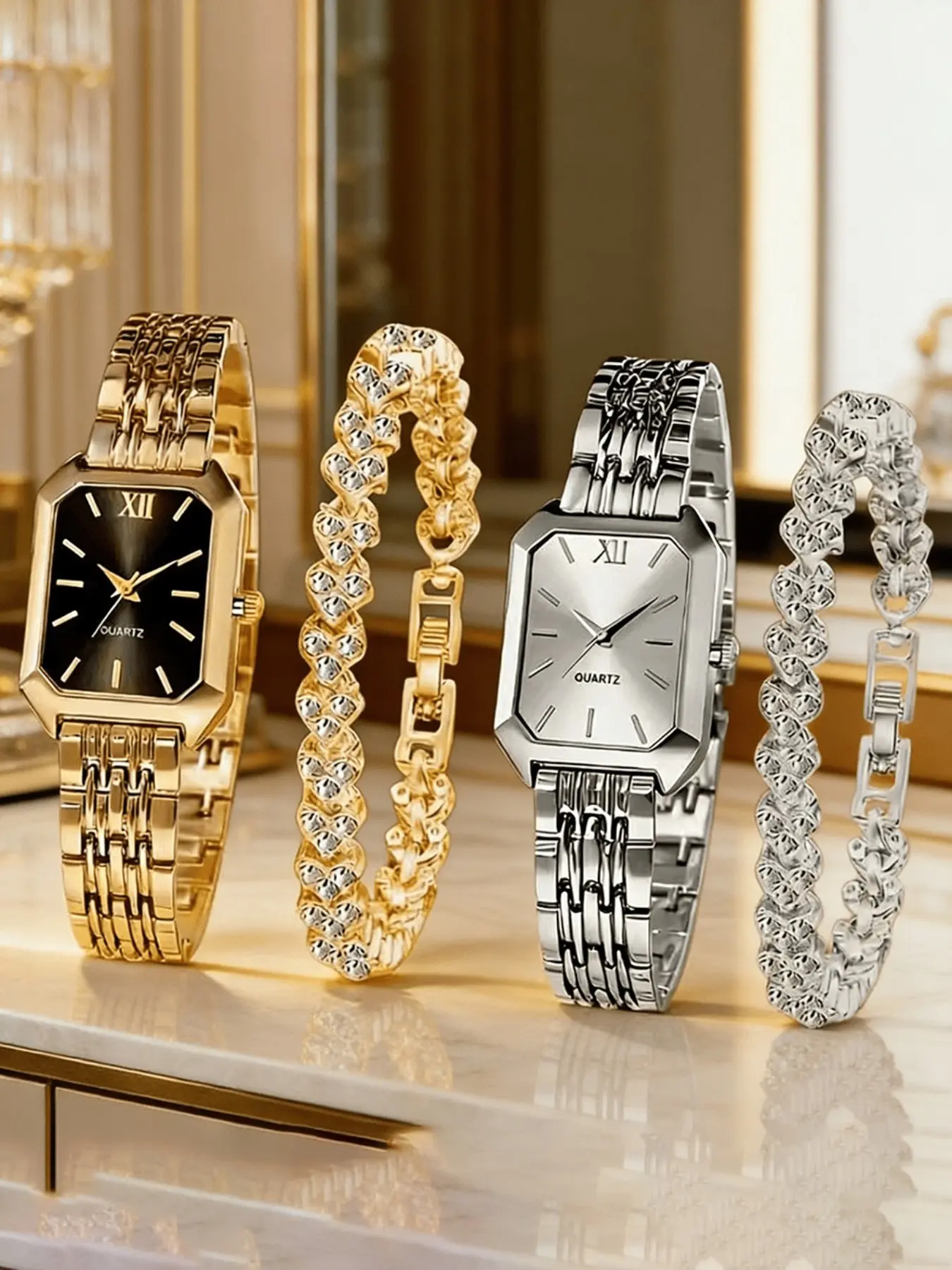 4-Piece Women's Watch Set, Elegant Steel Band Watch & Heart-Shaped Rhinestone Bracelet, Versatile Ladies' Wristwatch