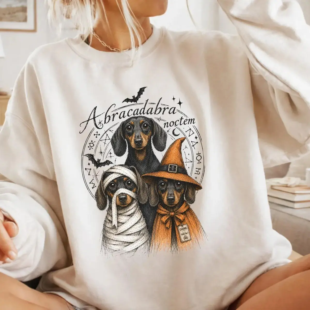 Gildan Halloween Dachshund Sweatshirt, Cute Wiener Dog Witch Graphic Crewneck, Spooky Doxie Mummy Fall Sweatshirt, Dog Lover Gift, Unisex