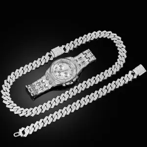14MM Iced Out Necklace, Watch, and Bracelet Set for Men and Women - 2 Row Rhinestone Cuban Chain Hip Hop Jewelry Gift
