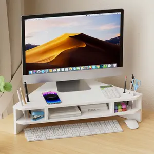 Corner Computer Riser with Drawer Storage Box, Triangle Office Desk Monitor Organizer, Space Saving Desktop Stand, Ergonomic Design, Desk Accessories