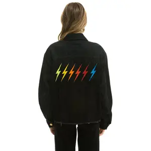 RAINBOW BOLT OVERSIZED CROP DENIM JACKET - VINTAGE BLACK