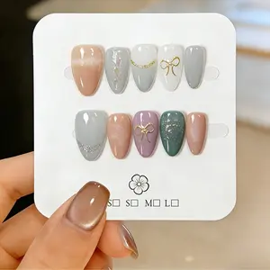 10 Pcs Handmade Almond Shape Nail Tips, Gradient Color, Glitter Gel Coating, Gold Butterfly Design, Reusable, Perfect for Parties and Weddings