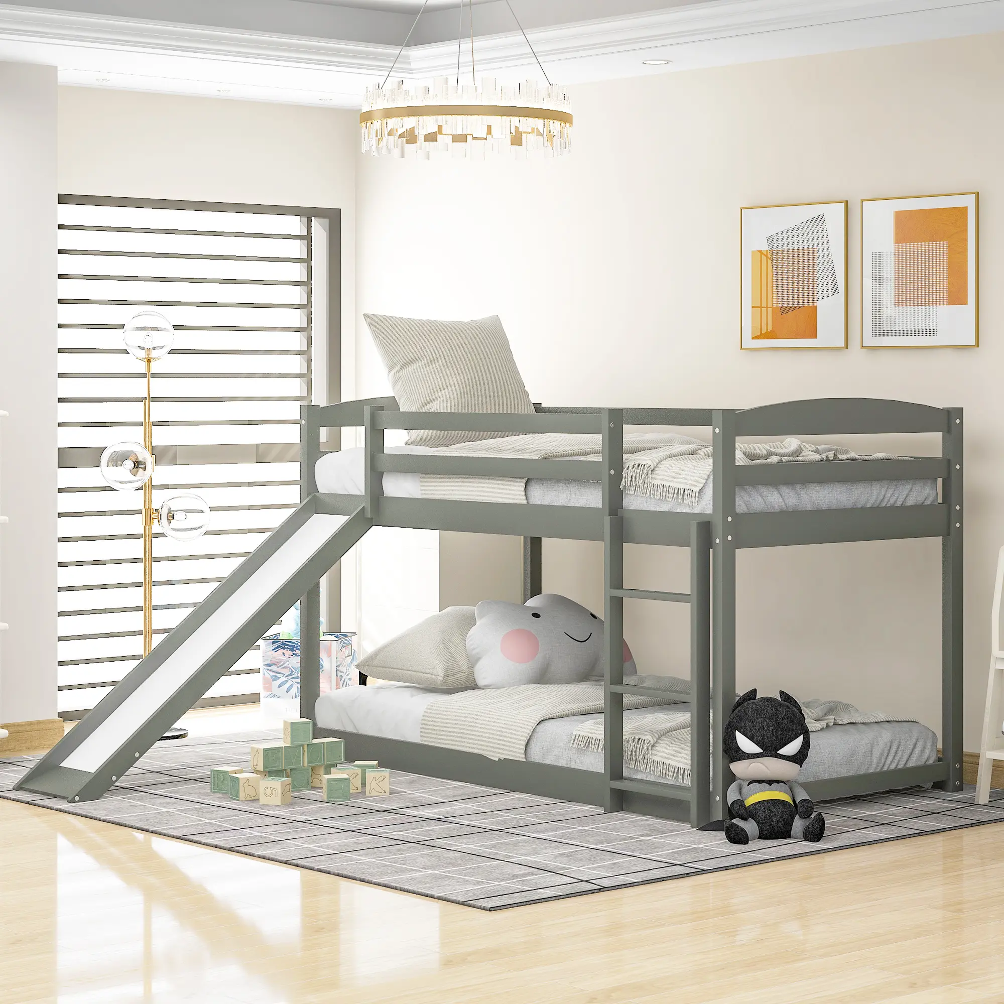Dreamzon Smooth Rectangular Twin-over-Twin Convertible Bunk Bed - Gray, Adjustable Secure Solid Frame, Clean Lines, Space-Saving, Slide, Ladder, Easy Access, 79.3" x 84.4", 46.5"H, 92.5lb, 76''X39.1''" Down Bed, Requires Assembly (Old SKU:WF281725AAE), 79