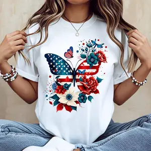 American Flag Butterfly Floral Print T Shirt White Casual Loose Fit For Everyday Wear And Outdoor Activities