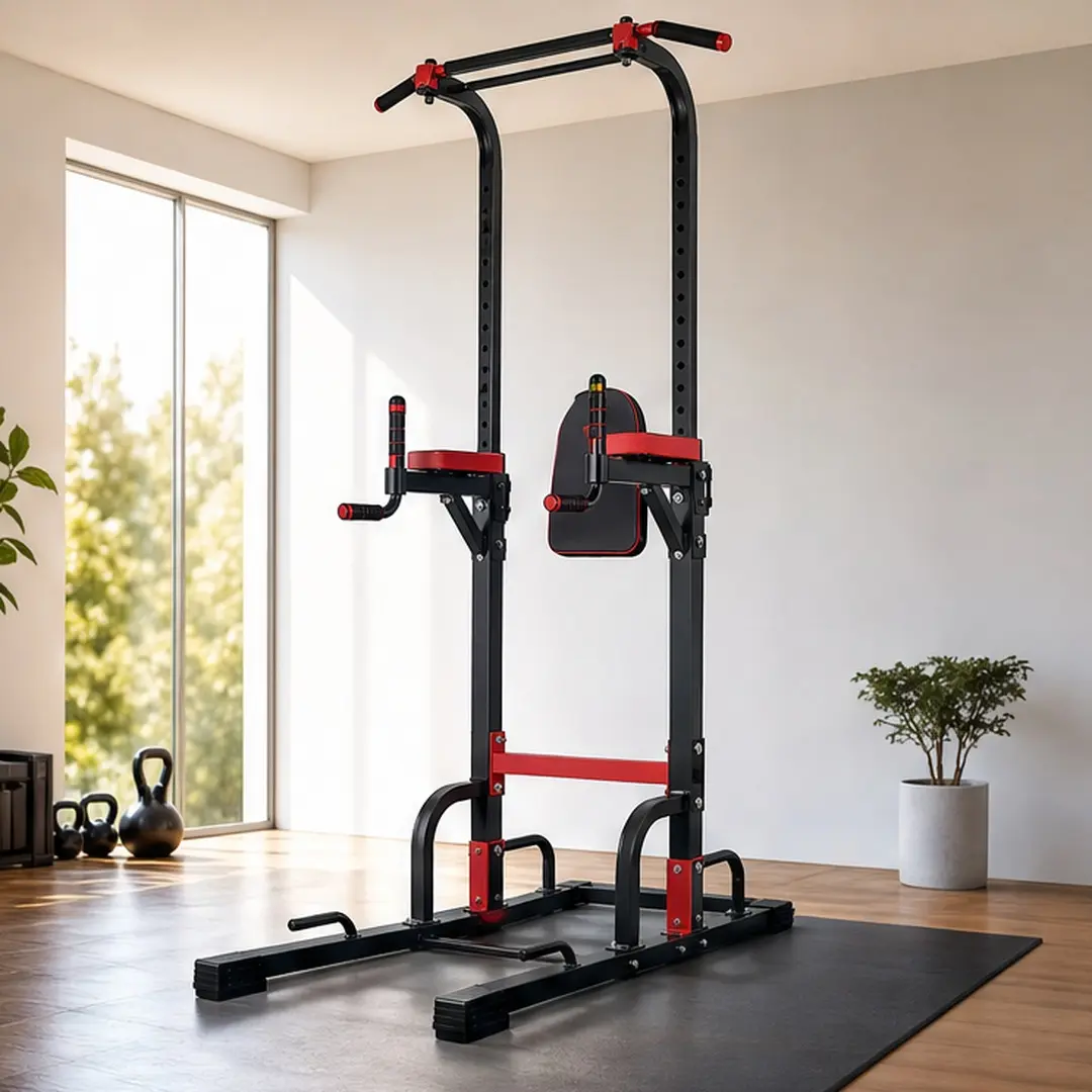 Foldable Pull Up Bar Dip Station Power Tower, 6-Level Adjustable Height Strength Training Equipment for Home Gym, 440lbs Heavy Duty Capacity, Black+Red Steel Frame with Foam Grips, Black+Red Color Options, ABS+Rubber+Steel (Q235) Material