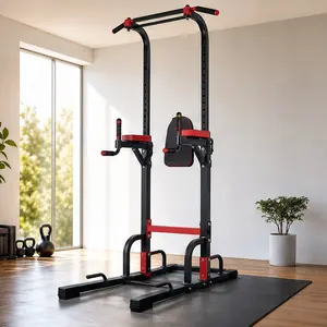 Foldable Pull Up Bar Dip Station Power Tower, 6-Level Adjustable Height Strength Training Equipment for Home Gym, 440lbs Heavy Duty Capacity, Black+Red Steel Frame with Foam Grips, Black+Red Color Options, ABS+Rubber+Steel (Q235) Material