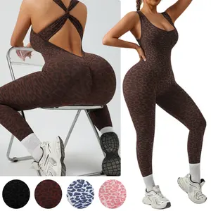 Riojoy Women's Leopard Print Seamless Jumpsuit, Twist Cross Open Back One Piece Workout Bodysuit with Removable Pads, 90% Polyamide 10% Elastane Tummy Control Butt Lifting Yoga Leggings for Gym Daily Wearfitted and stylish jumpsuit