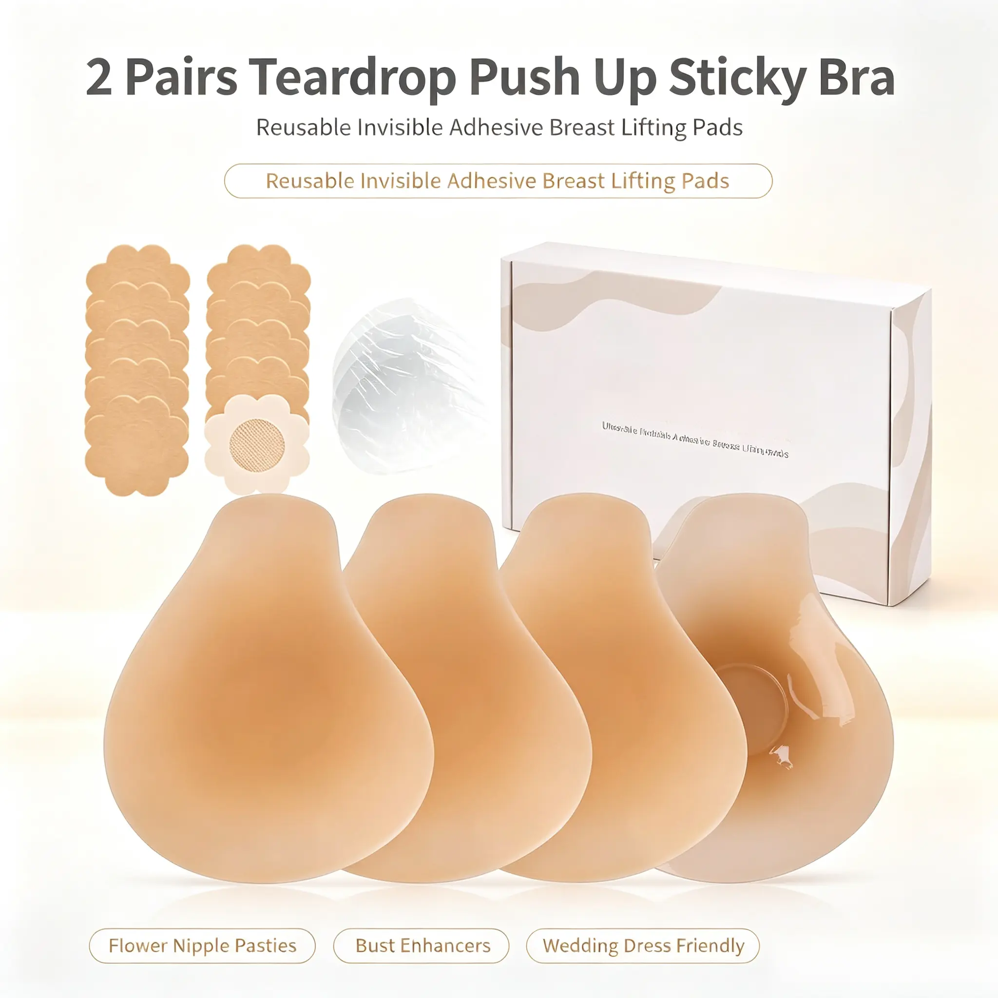 2 Pairs Teardrop Push Up Sticky Bra, Reusable Invisible Adhesive Breast Lifting Pads with Flower Nipple Pasties, Skin Tone Strapless Backless Bust Enhancers for Wedding Dress Outfits Womenswear