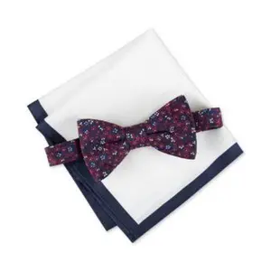 Tommy Hilfiger Men's Botanical Bow Tie & Tipped Pocket Square Set - Navy/red