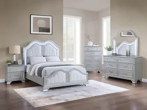 Poundex F9670EK-4PC 4-Piece Light Grey Wood Fabric Padded Headboard LED Lighting Eastern King Bed Set with Nightstand Dresser & Mirror Modern Style