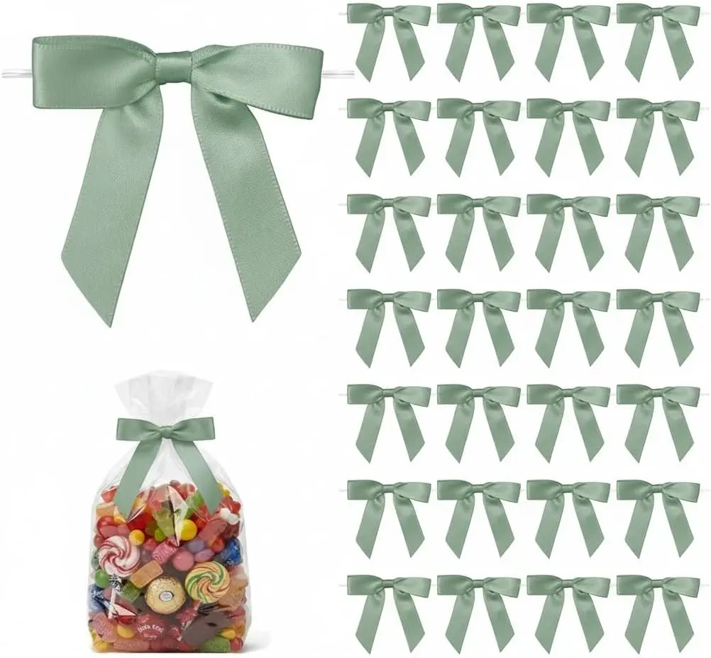 50 Pack Satin Twist Tie Bows, 2.75 Inch Pre-Tied Mini Ribbon Bows for Gift Bags, Treat Bags, Party Favor Bags and Small Gift Packaging (Sage Green)