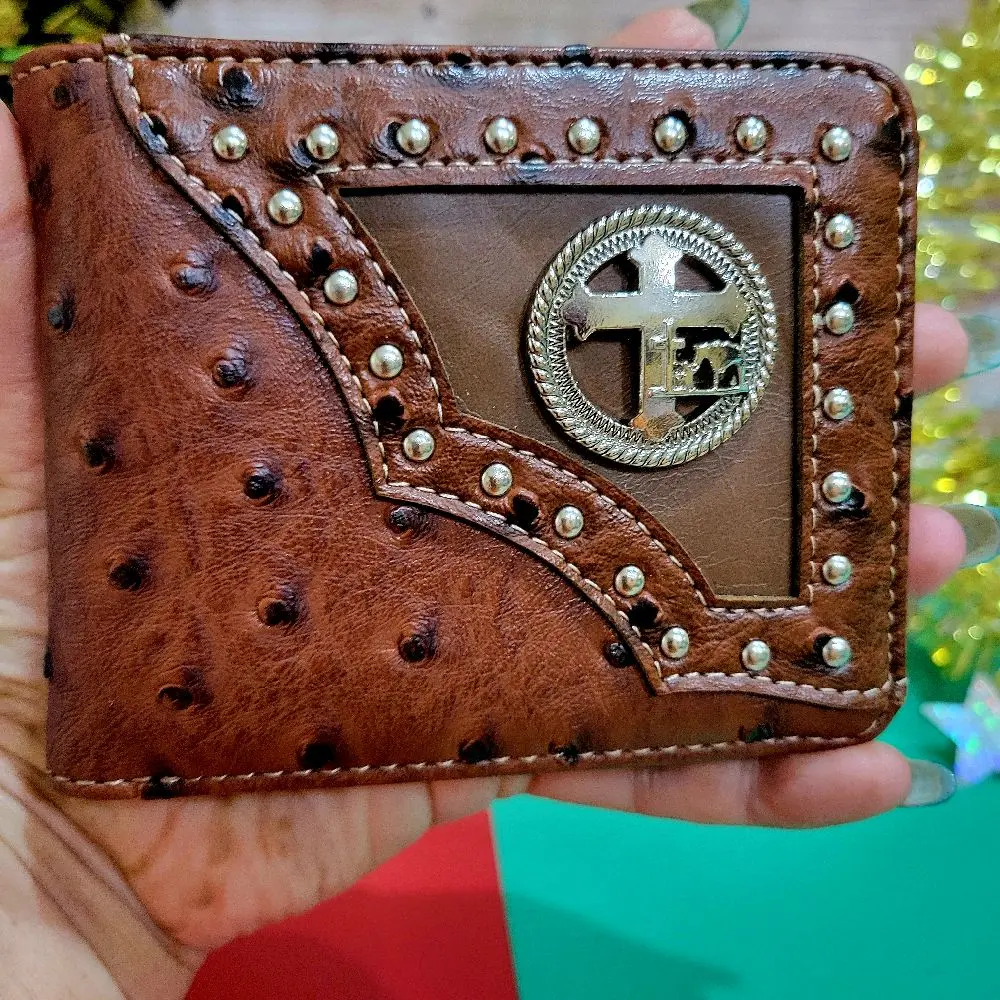 Cross praying cowboy Western wallet Ostrich pattern short bi-fold concho and studded faux leather with religious theme wallet.