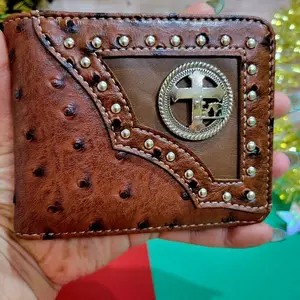 Cross praying cowboy Western wallet Ostrich pattern short bi-fold concho and studded faux leather with religious theme wallet.