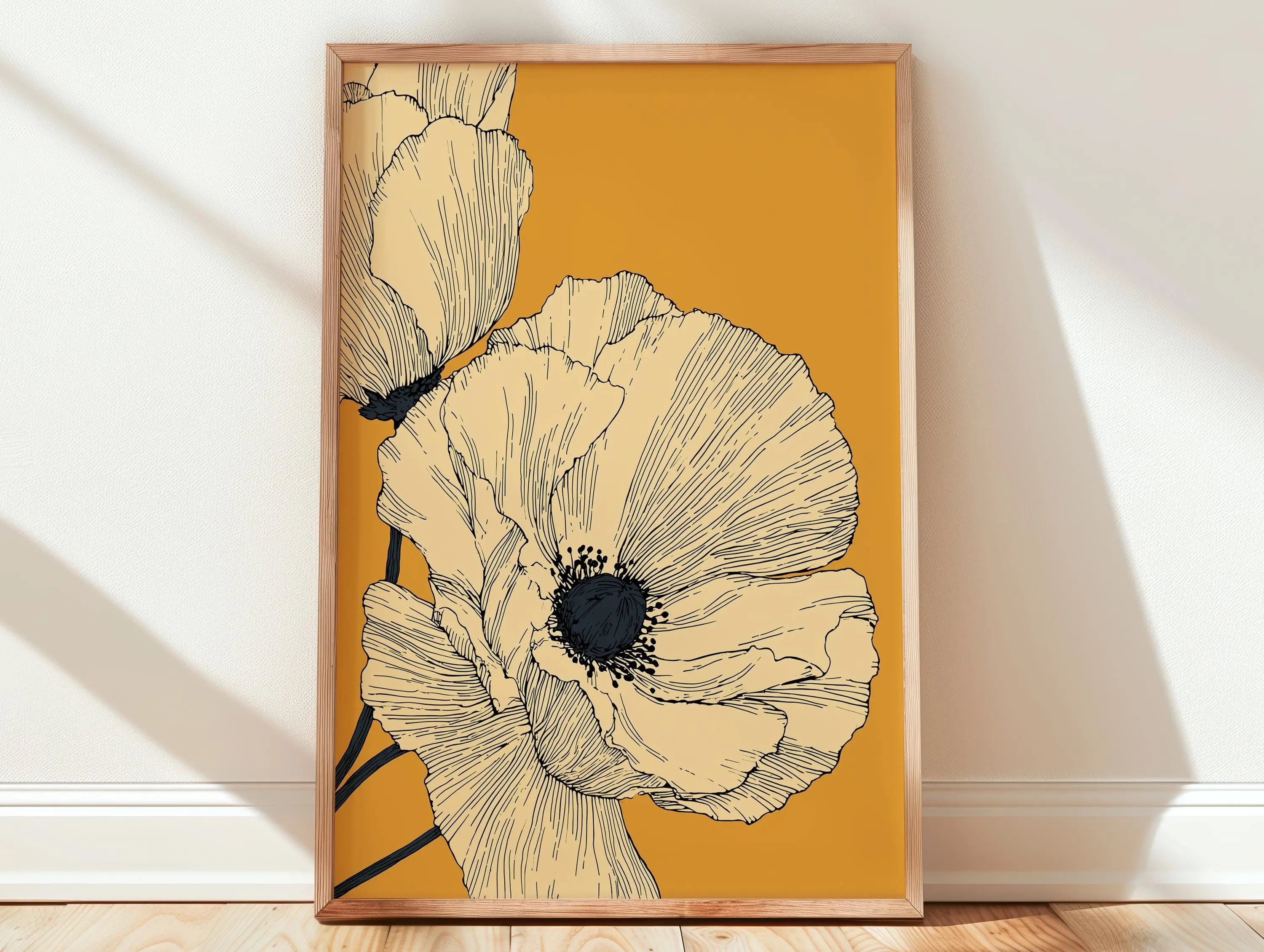 [SALE UP TO 40%] [Unframed] Poppy Flower Wall Art Print — Bold Line Art Illustration, Mustard Yellow Boho Decor