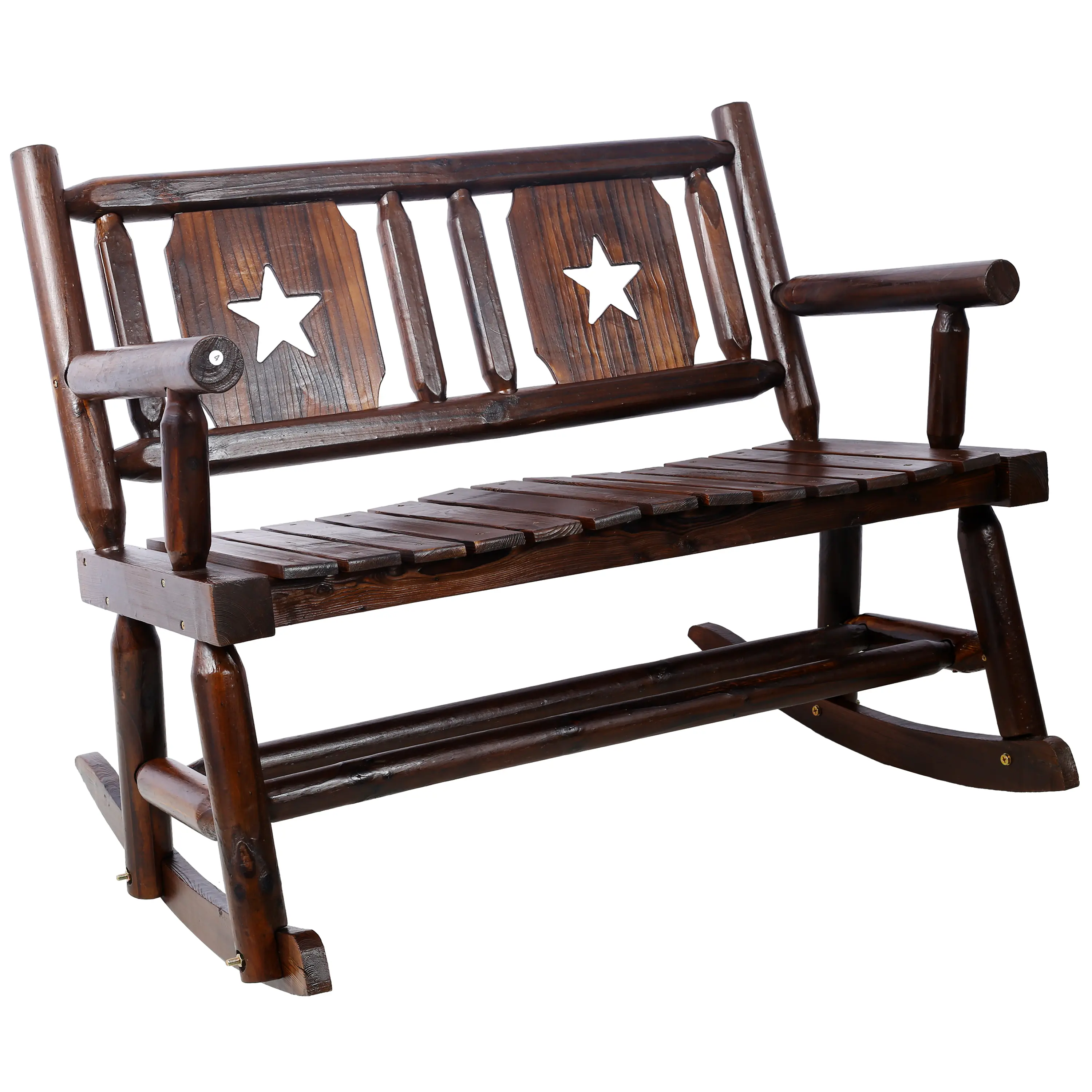Outdoor Carbonized Wood Double-Size Rocking Bench, 2-Persons Wide Curved Seat Rocking Chair, Rustic Brown Porch Rocker for Porch, Garden, Two Persons