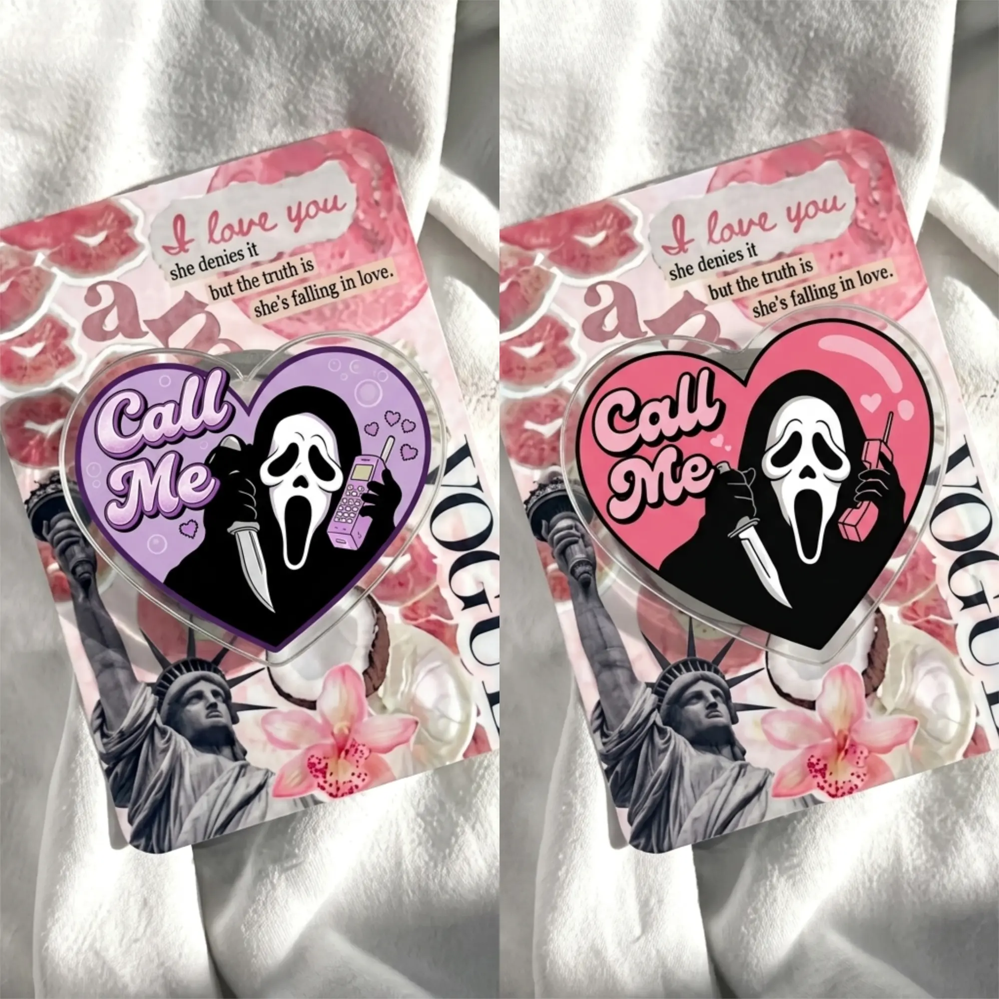 Retro Horror Call Me Phone Grip - Pink Purple Heart Ghost Phone Stand - Cute Coquette Slasher Phone Holder - 90s Nostalgia Phone Accessory - Spooky Valentine Gift