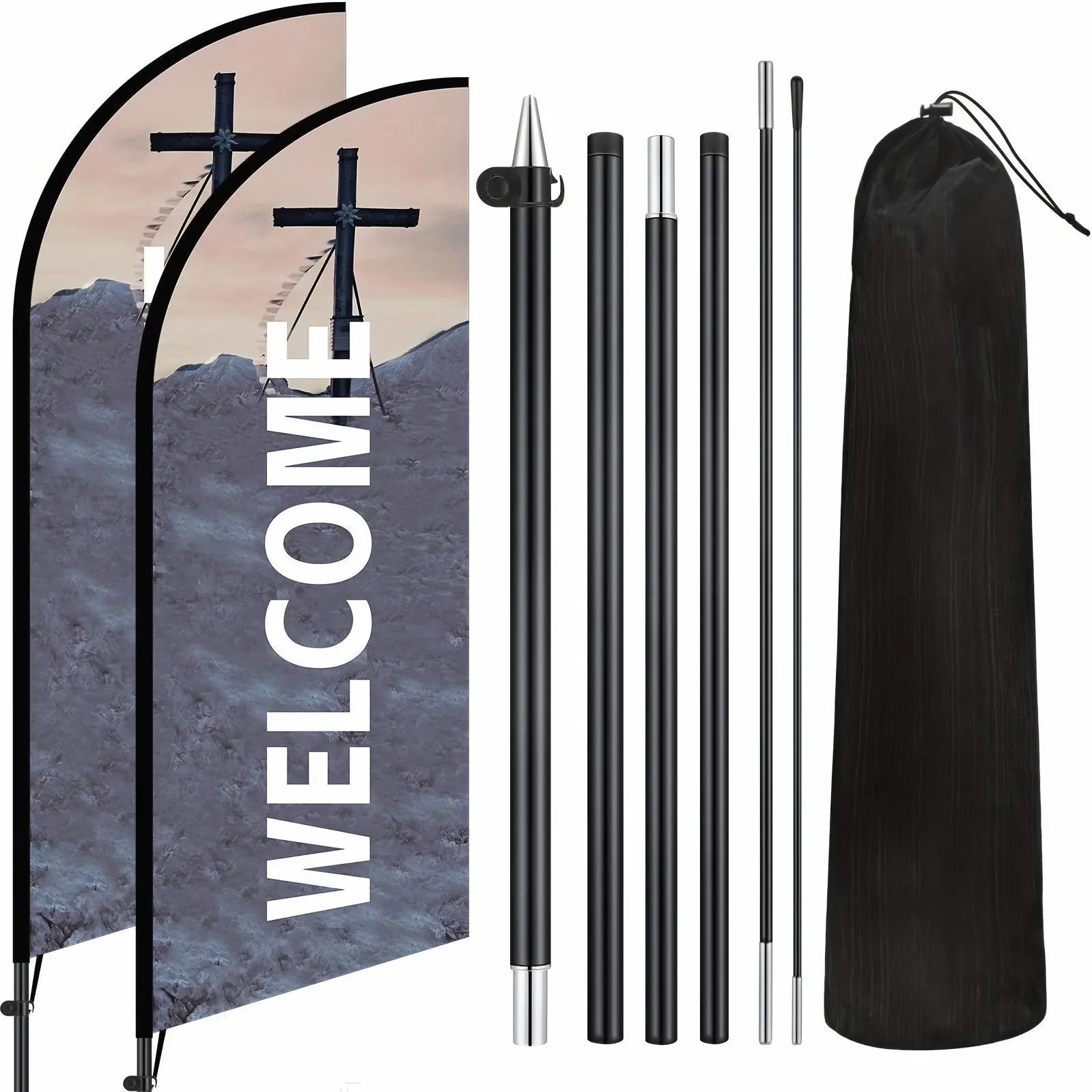 2 Sets Church Banners - 7-Foot Tall Feather Flags with Fiberglass Poles, Stakes, Ideal for Outdoor Advertising,(Festive & Party Supplies Backdrops)