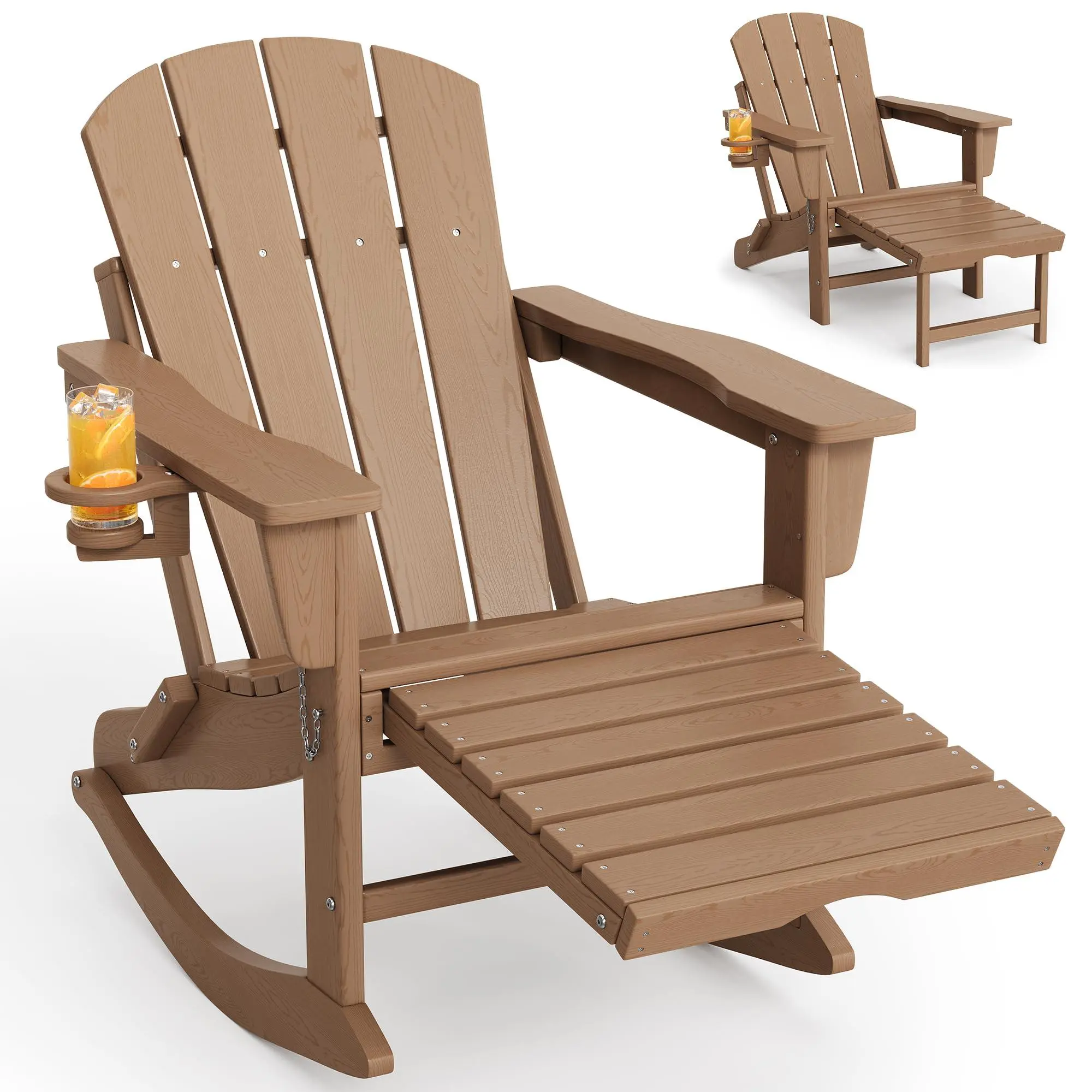 GARVEE Foldable Adirondack-Shape Rocking Chair, All-Weather HDPE Plastic with Wooden Texture, Retractable Ottoman, Cup Holder for Patios, Decks