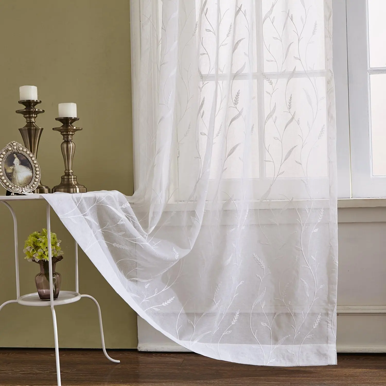 White Rod Pocket Sheer Curtains 104 inches Long Tassels Embroidered Window Curtain Sheer Voile Panels for Living Room & Bedroom, Set of 2