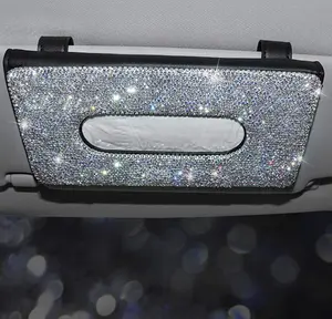 Bling Bling Car Sun Visor Tissue Box Holder, Leather Crystals Auto Interior Accessories Paper Towel Cover Case for Ladies Girls (Silver)