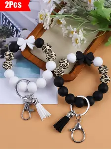 2 Piece Set Style Beaded Wrist, Simple Design Handmade Bracelet Keychain Jewelry, Fashion Accessory for Women & Men, Stylish Keychain