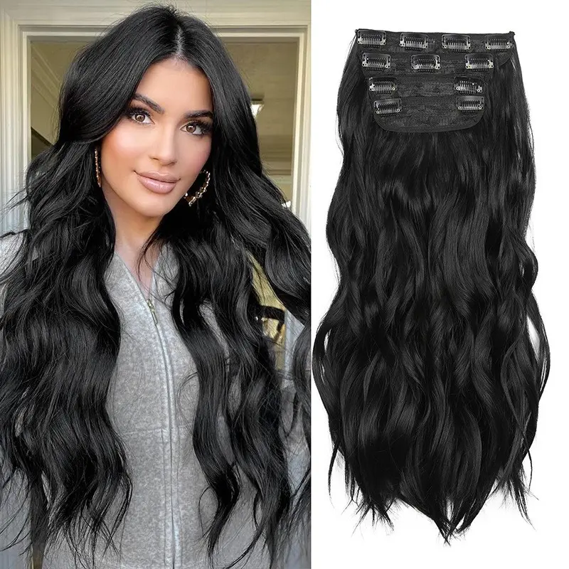 [Human Hair and Synthetic Fiber Blend Series] 22/24-inch Invisible Clip-in Wavy Hair Extensions, tangle-free, long and thick natural-looking hairpieces, suitable for women.