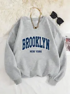 Unisex American College Style Round Neck Sweatshirt Tops, Brooklyn Letter Print, Spring & Fall Casual Fit, Long Sleeve, Comfortable Fashion