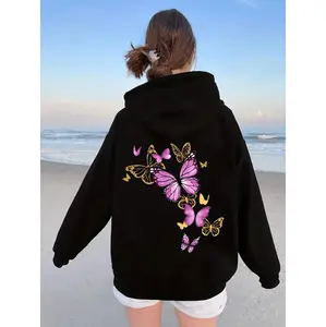 Casual Long Sleeve Hoodie Featuring Butterfly Print and Kangaroo Pocket Perfect for Everyday Wear