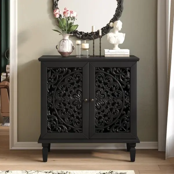 Vintage Accent Cabinet With 2 Doors, Storage Sideboard With Hollow Carved Floral Design, Adjustable Shelf, Solid Wood Legs For Living Room, Entryway