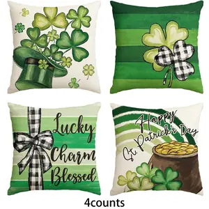 St. Patrick's Day Themed Cushion Cover, 4 Counts/16pcs Square Throw Pillow Cover, Lucky Charm Blessed Household Decoration Supplies for Home Living Room Bedroom