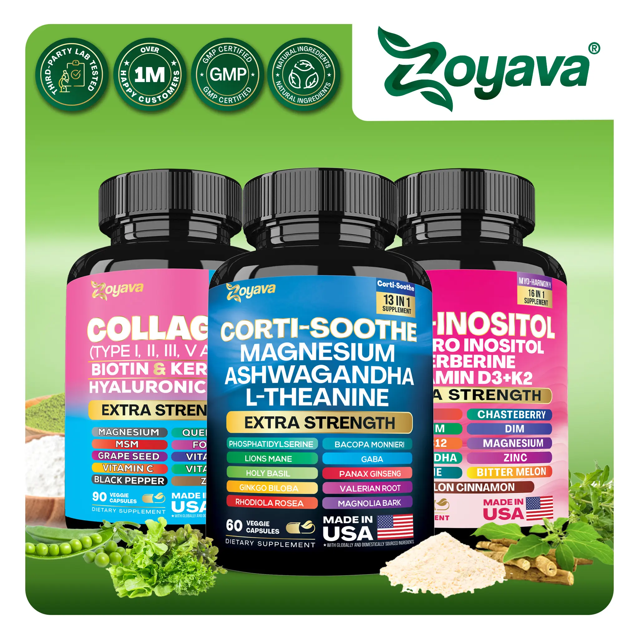 She Shines Set - Zoyava Ultimate Women's All-in-One Dietary Supplement with Corti-Soothe, Myo-Inositol, Collagen & Extra Strength Ingredients for Fitness & Healthcare - Made in USA