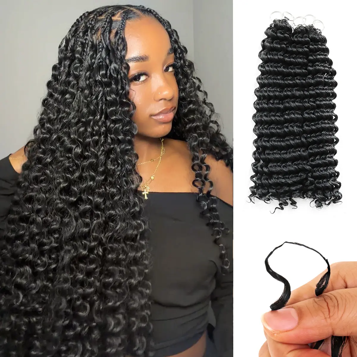 U&A Deep Wave Crochet Hair Pre-Separated Feather Synthetic Hair Extensions, Invisible Knotless Miracle Knots, Lightweight Reusable Braid Hair