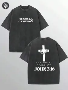Vintage John 3:16 Crown Of Thorns Cross Jesus Saved Me Christian T-Shirt, Washed Black Cotton Oversized Short Sleeve Tee, Front Back Print Faith Casual Crewneck Shirt